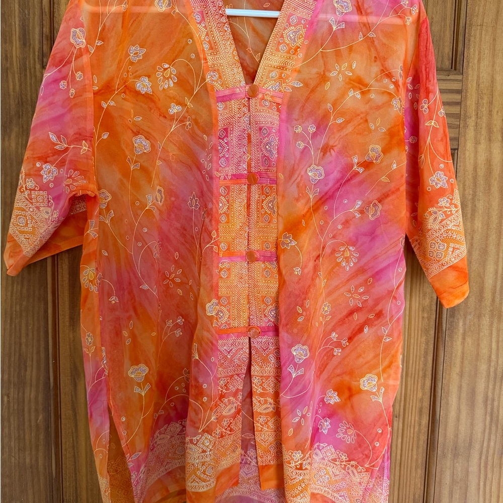 Vibrant Orange and Pink Floral print mandarin collar - Picture 1 of 10